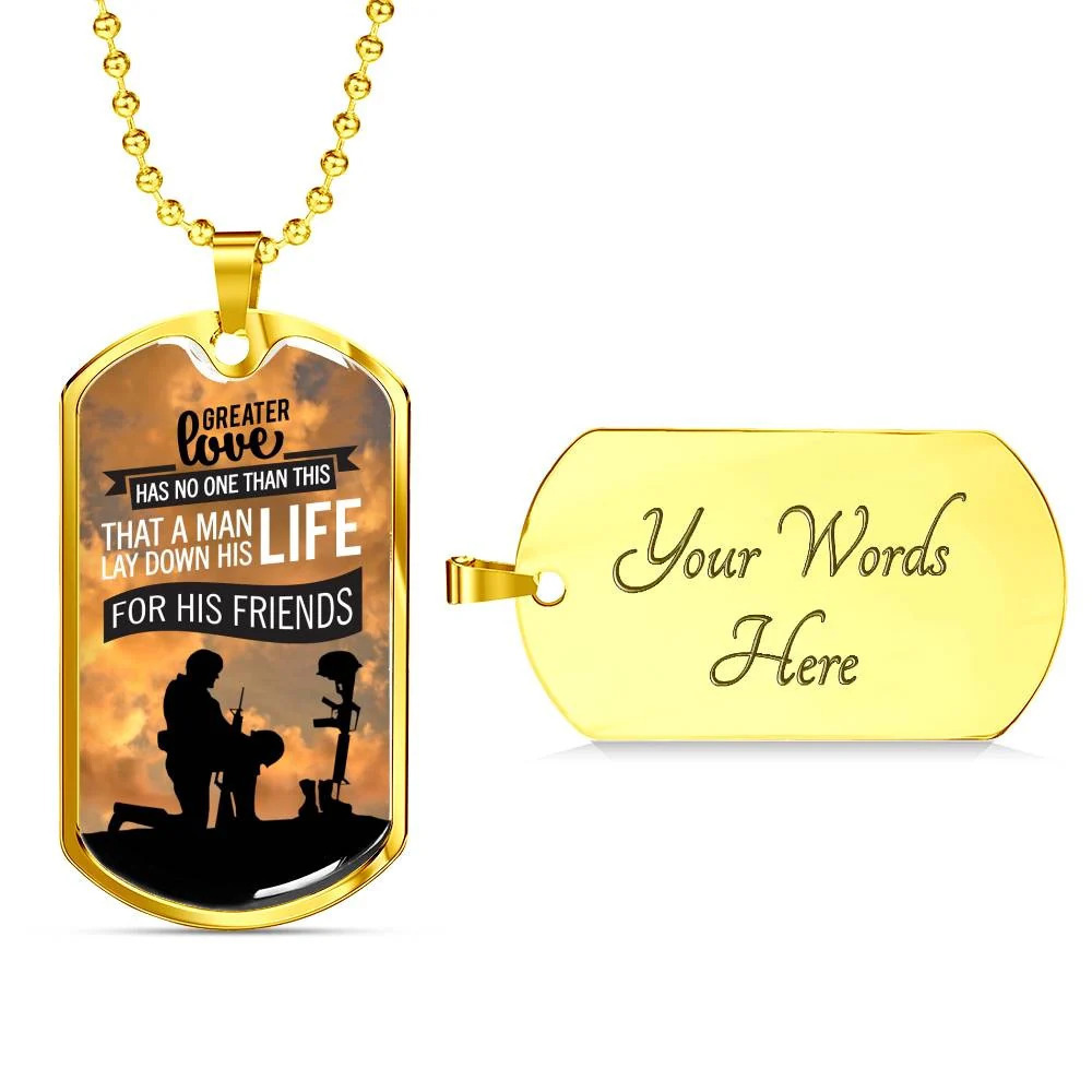 No Greater Love John 15:13 Soldier Kneeling Personalized Engraved Gold Dog Tag